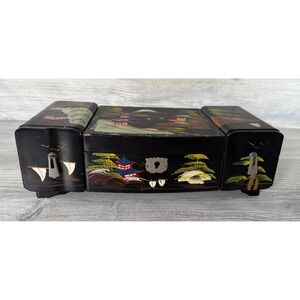 Japanese Black Lacquered Jewelry Box Hand Painted W/ Key Vintage Japan Asian MCM